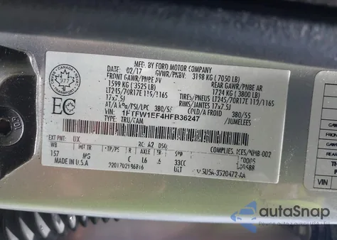 2017 Ford F-150 Xlt из США, поврежденный, VIN 1FTFW1EF4HFB36247